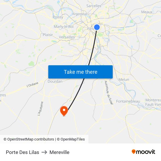 Porte Des Lilas to Mereville map