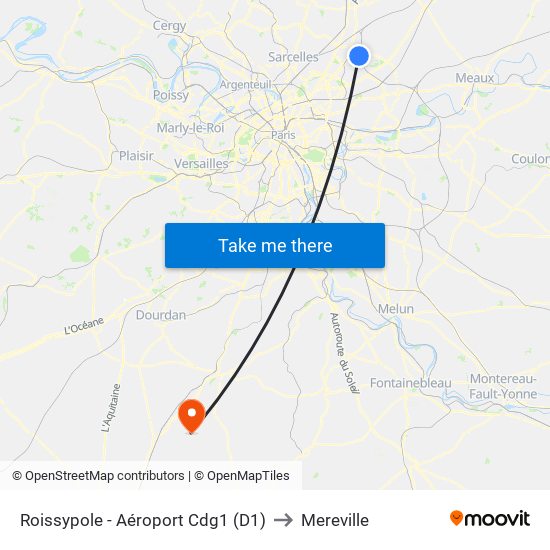 Roissypole - Aéroport Cdg1 (D1) to Mereville map