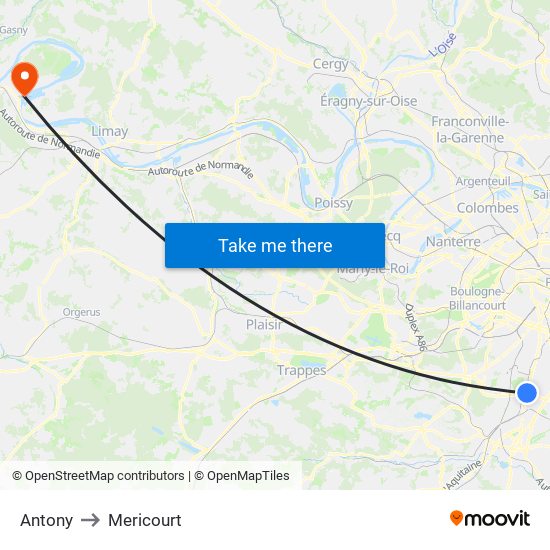 Antony to Mericourt map