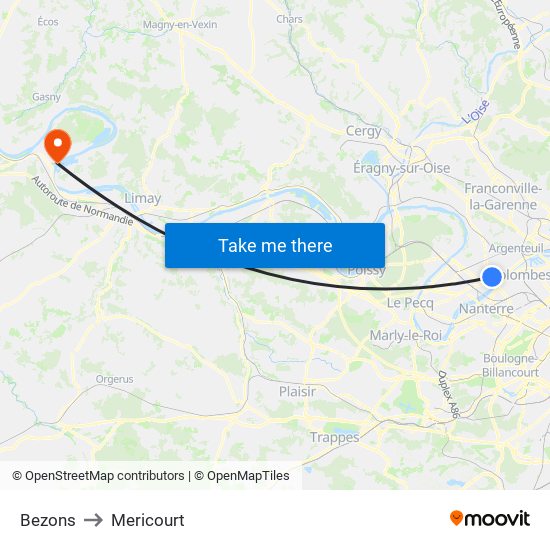 Bezons to Mericourt map