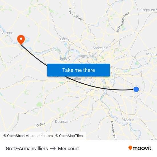 Gretz-Armainvilliers to Mericourt map