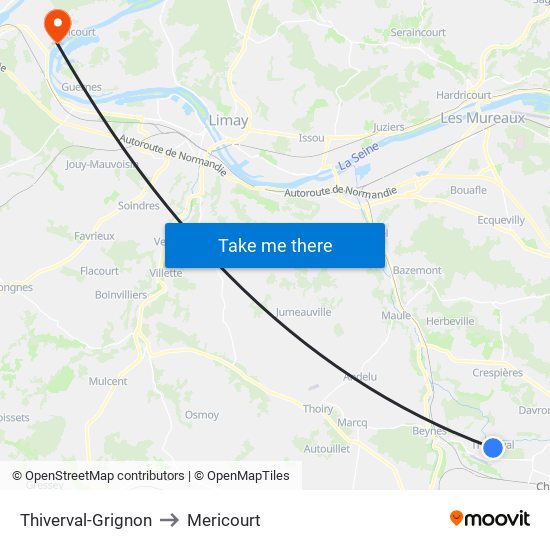 Thiverval-Grignon to Mericourt map