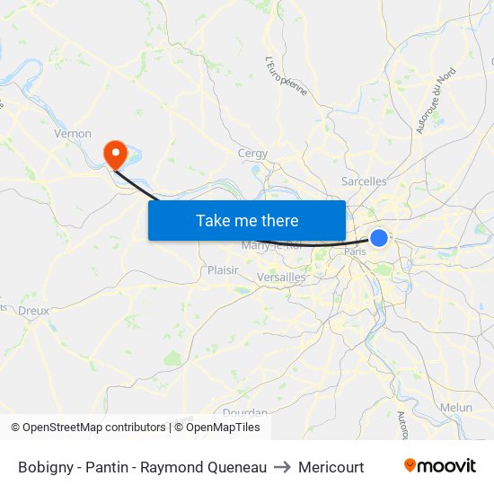 Bobigny - Pantin - Raymond Queneau to Mericourt map
