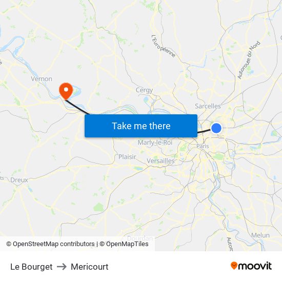 Le Bourget to Mericourt map