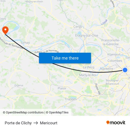 Porte de Clichy to Mericourt map