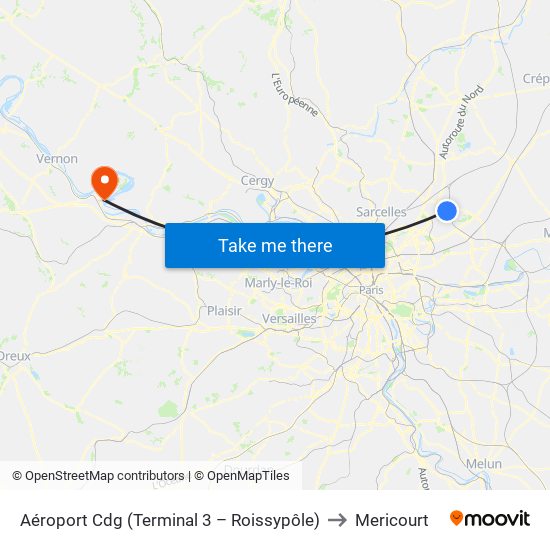 Aéroport Cdg (Terminal 3 – Roissypôle) to Mericourt map