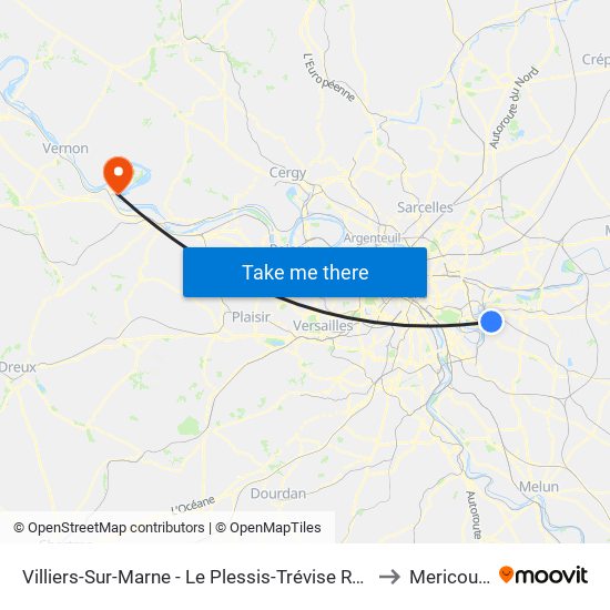 Villiers-Sur-Marne - Le Plessis-Trévise RER to Mericourt map