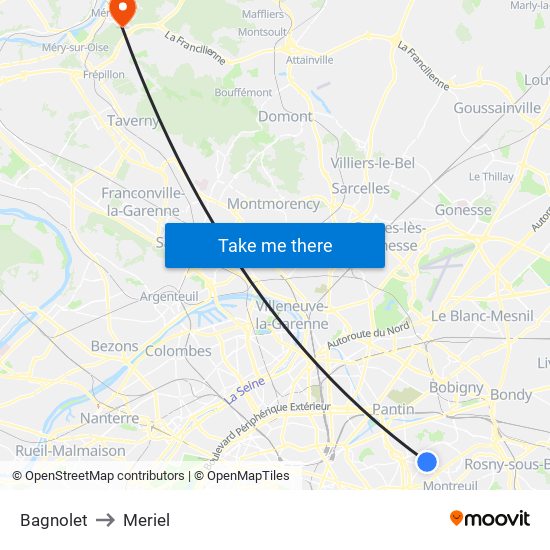 Bagnolet to Meriel map