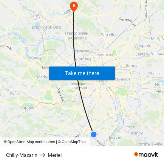 Chilly-Mazarin to Meriel map