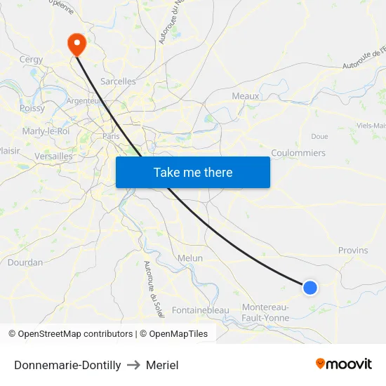 Donnemarie-Dontilly to Meriel map