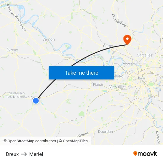 Dreux to Meriel map