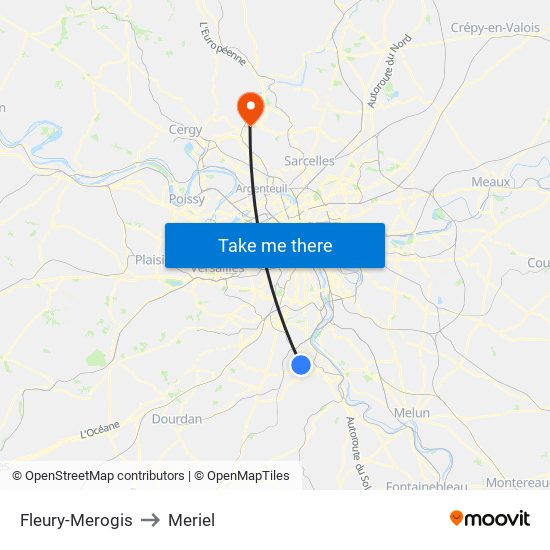 Fleury-Merogis to Meriel map