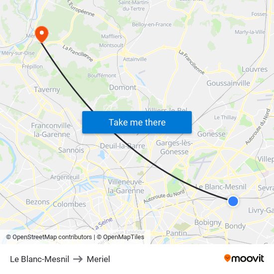 Le Blanc-Mesnil to Meriel map