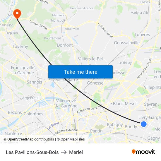 Les Pavillons-Sous-Bois to Meriel map