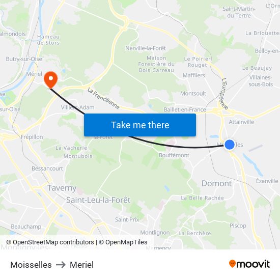 Moisselles to Meriel map