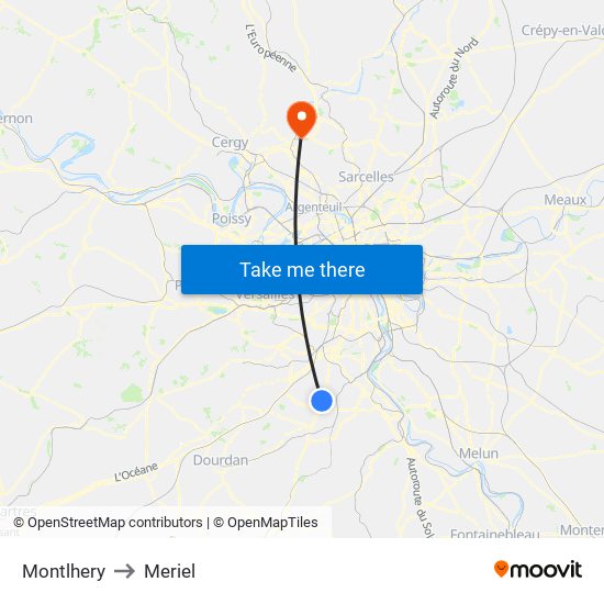 Montlhery to Meriel map