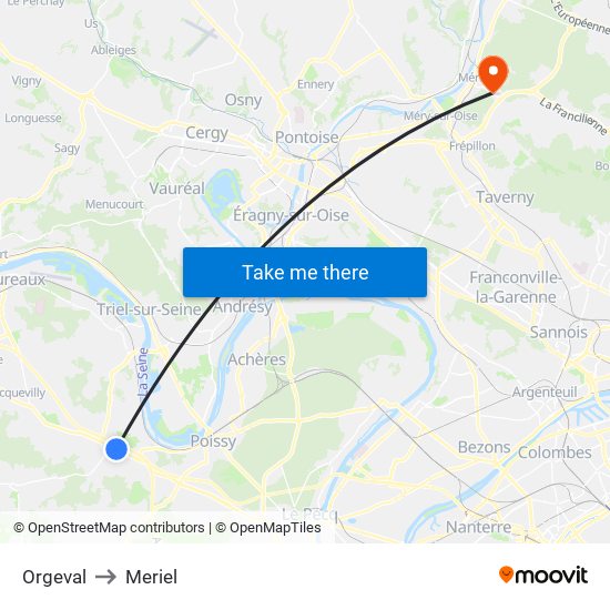 Orgeval to Meriel map