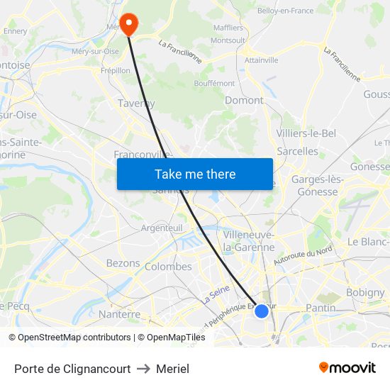 Porte de Clignancourt to Meriel map