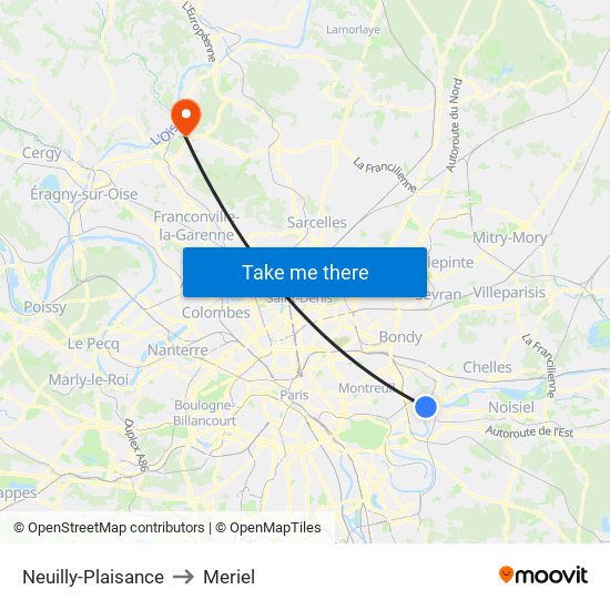 Neuilly-Plaisance to Meriel map