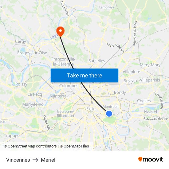 Vincennes to Meriel map