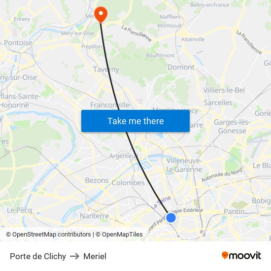 Porte de Clichy to Meriel map