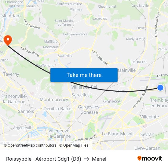 Roissypole - Aéroport Cdg1 (D3) to Meriel map