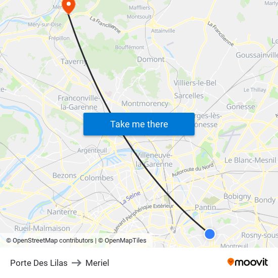 Porte Des Lilas to Meriel map