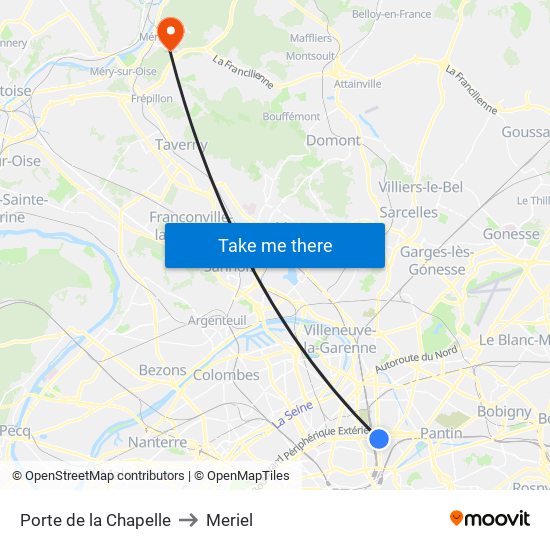 Porte de la Chapelle to Meriel map