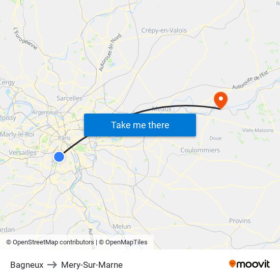 Bagneux to Mery-Sur-Marne map