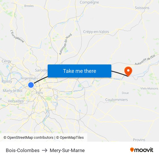 Bois-Colombes to Mery-Sur-Marne map