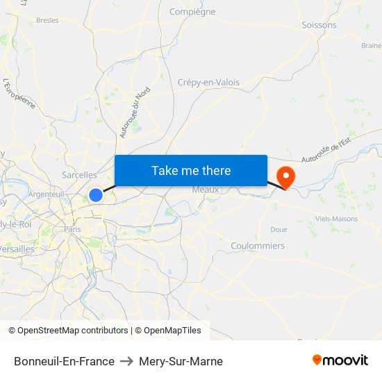 Bonneuil-En-France to Mery-Sur-Marne map