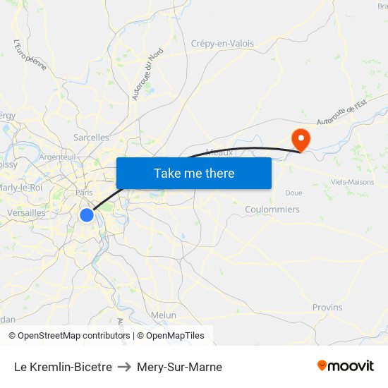 Le Kremlin-Bicetre to Mery-Sur-Marne map