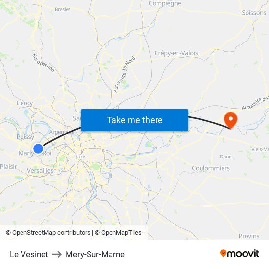 Le Vesinet to Mery-Sur-Marne map