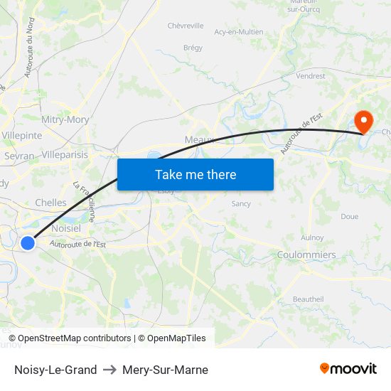 Noisy-Le-Grand to Mery-Sur-Marne map