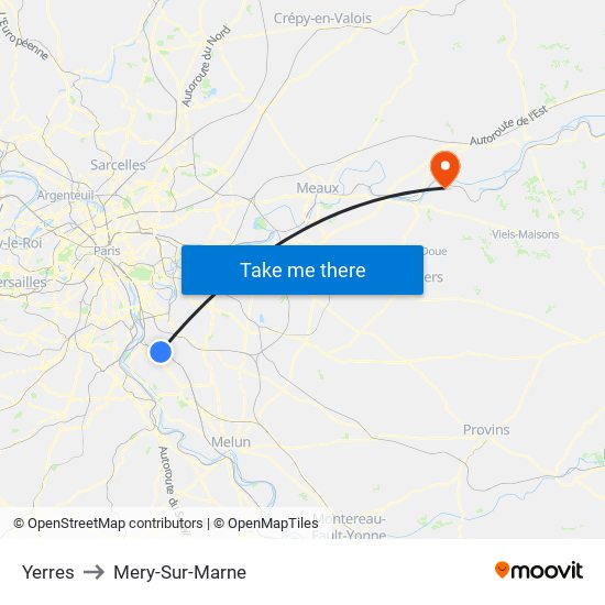 Yerres to Mery-Sur-Marne map