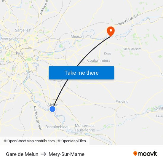 Gare de Melun to Mery-Sur-Marne map