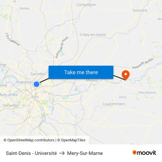 Saint-Denis - Université to Mery-Sur-Marne map