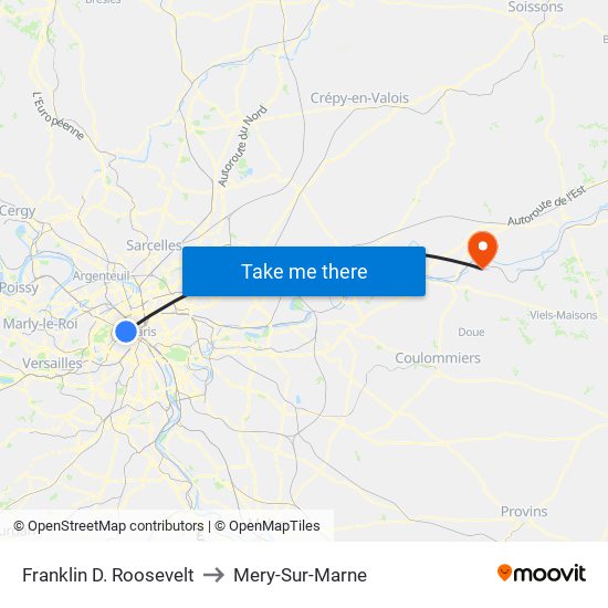 Franklin D. Roosevelt to Mery-Sur-Marne map