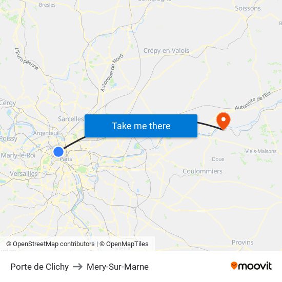 Porte de Clichy to Mery-Sur-Marne map