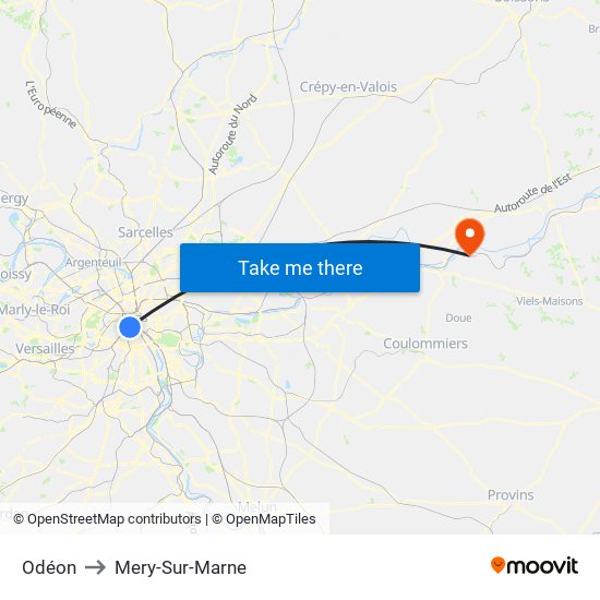 Odéon to Mery-Sur-Marne map