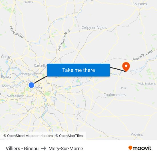 Villiers - Bineau to Mery-Sur-Marne map