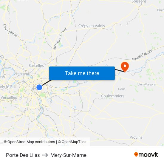 Porte Des Lilas to Mery-Sur-Marne map