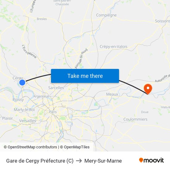 Gare de Cergy Préfecture (C) to Mery-Sur-Marne map