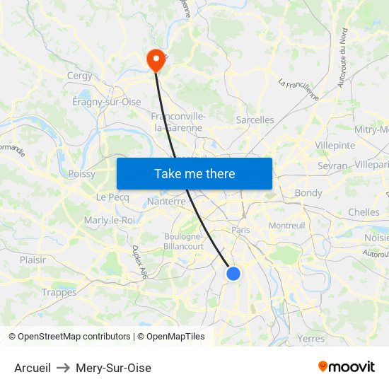 Arcueil to Mery-Sur-Oise map