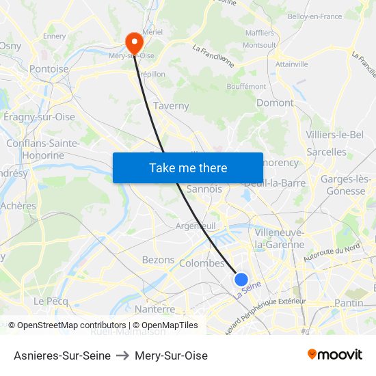 Asnieres-Sur-Seine to Mery-Sur-Oise map