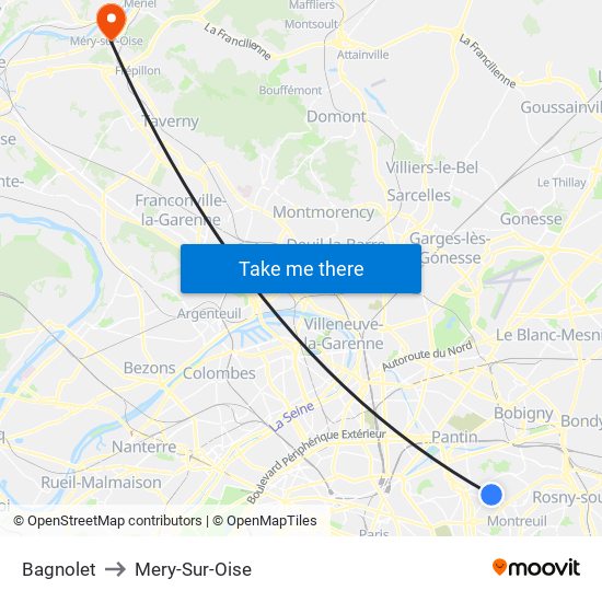 Bagnolet to Mery-Sur-Oise map