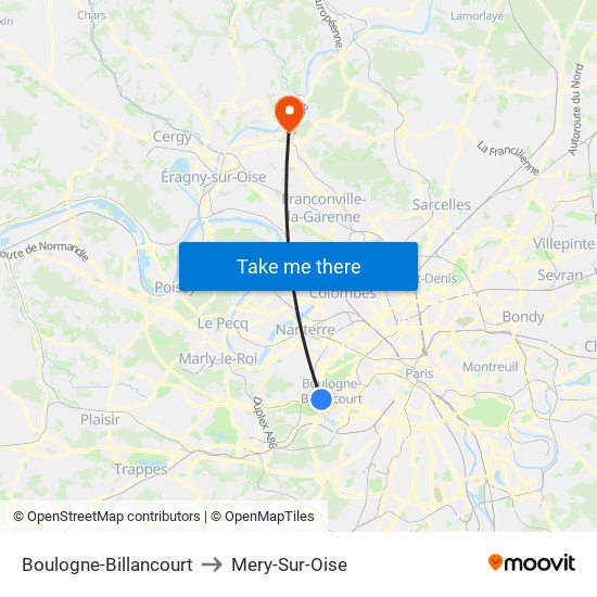 Boulogne-Billancourt to Mery-Sur-Oise map