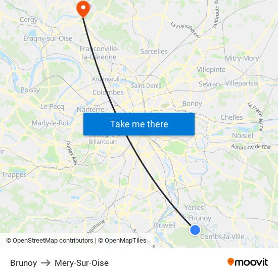 Brunoy to Mery-Sur-Oise map