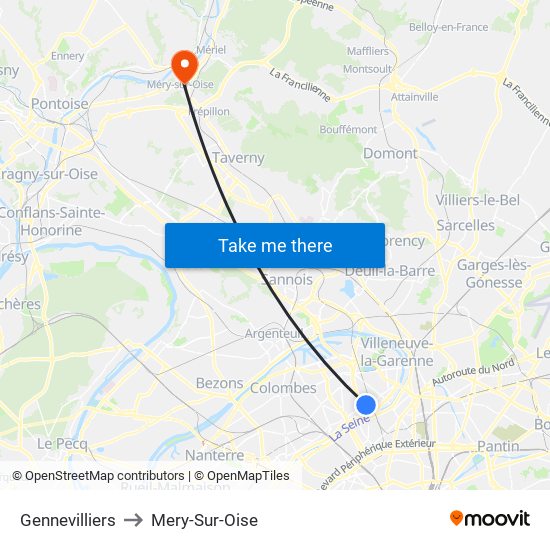 Gennevilliers to Mery-Sur-Oise map