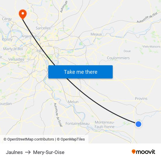 Jaulnes to Mery-Sur-Oise map